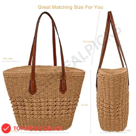 Straw Woven Tote Handbag Summer Vacation Travel Boho Chic Shoulder Bag - Picture 3 of 8